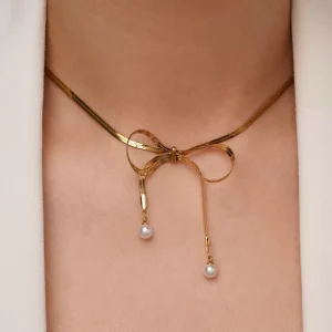 گردنبند استیل پاپیون آویز مروارید